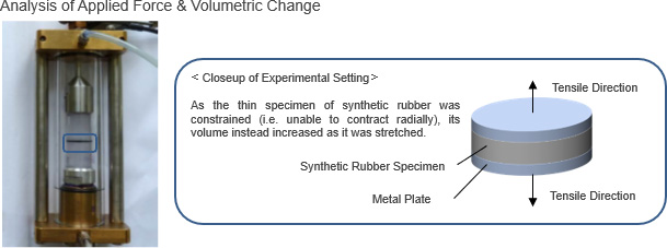 Here, a thin rubber disk specimen was placed between and affixed to two metal disk plates and stretched in a direction perpendicular to the contact surface (i.e. so that the plates were moving in opposing directions) in order to observe the relationship between applied stress and changes in volume as a function of apparent strain. At the same time, CT was utilised to directly observe the formation of voids within the rubber.